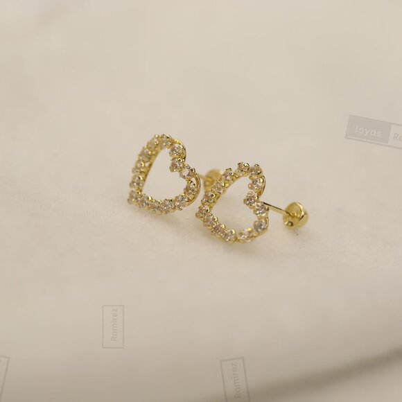 14K Solid Gold Heart Stud Earrings With Zirconia • Fine Jewelry. - Picture 4 of 6